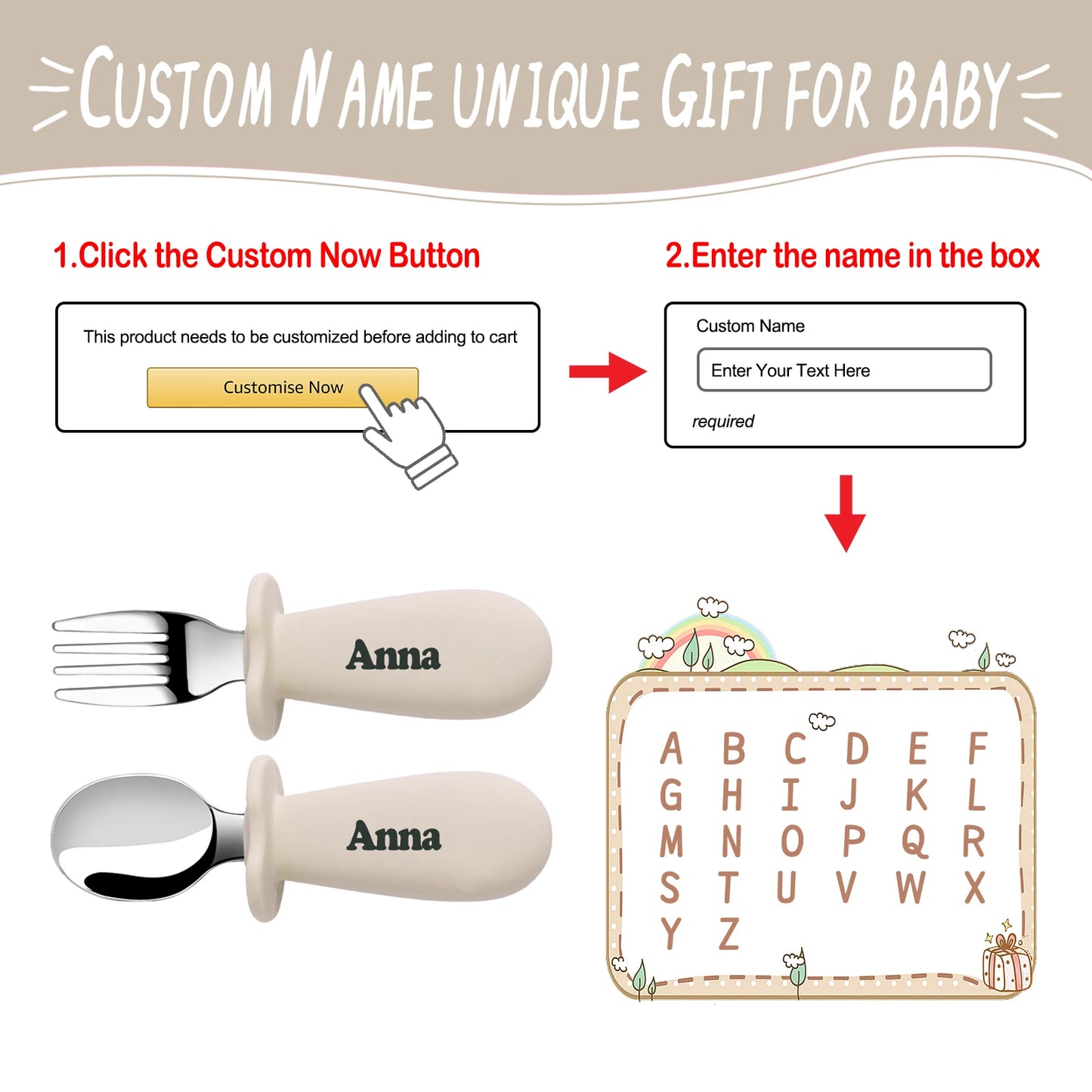 Support DIY names Baby Tableware Set Children Utensil Stainless Steel Toddler Dinnerware Cutlery Infant Food Feeding Spoon Fork