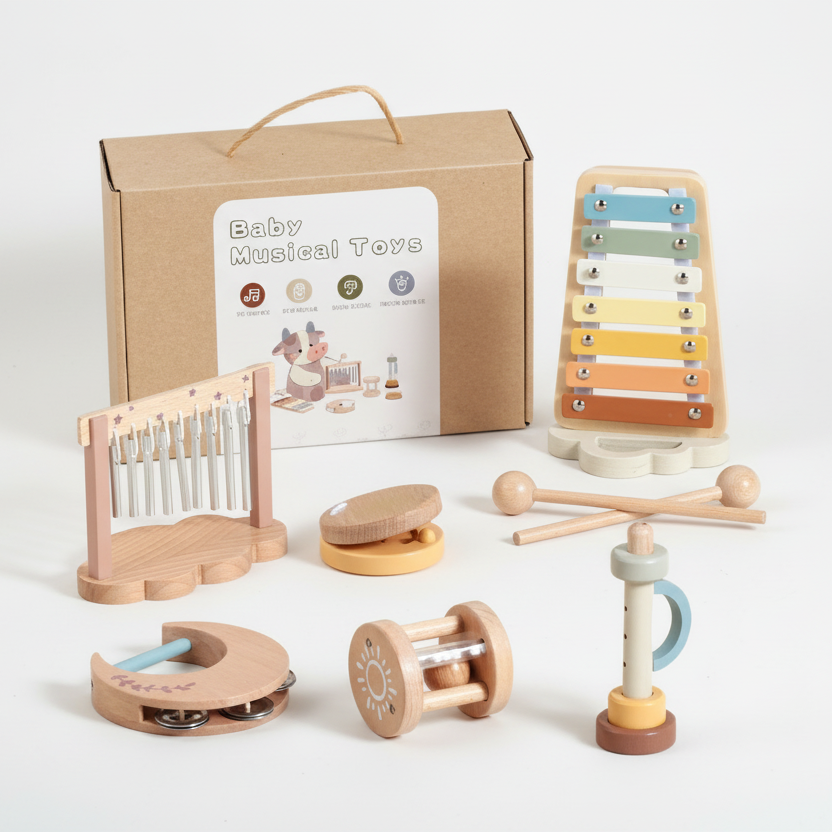 Set of baby musical toys with a cardboard box labeled 'Baby Musical Toys' on a white background.