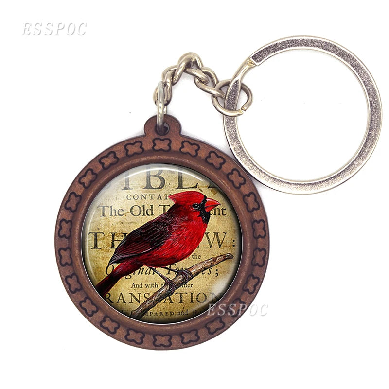 Bird Keychain – Handmade Wooden & Glass Cabochon with Cardinal, Robin & Redbreast Design
