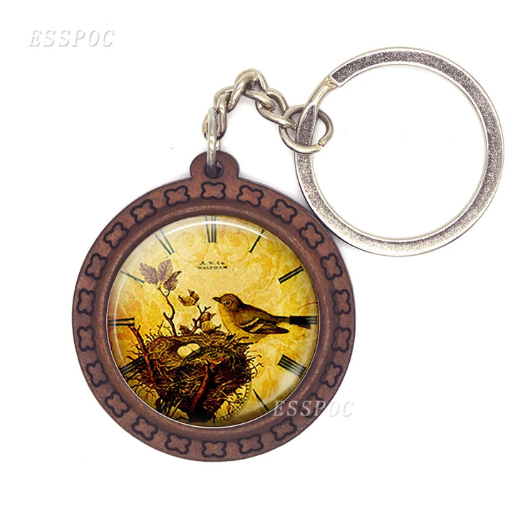 Bird Keychain – Handmade Wooden & Glass Cabochon with Cardinal, Robin & Redbreast Design