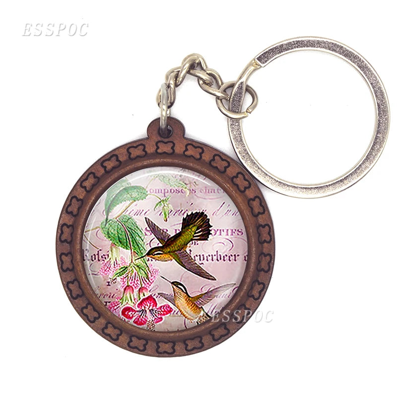 Bird Keychain – Handmade Wooden & Glass Cabochon with Cardinal, Robin & Redbreast Design