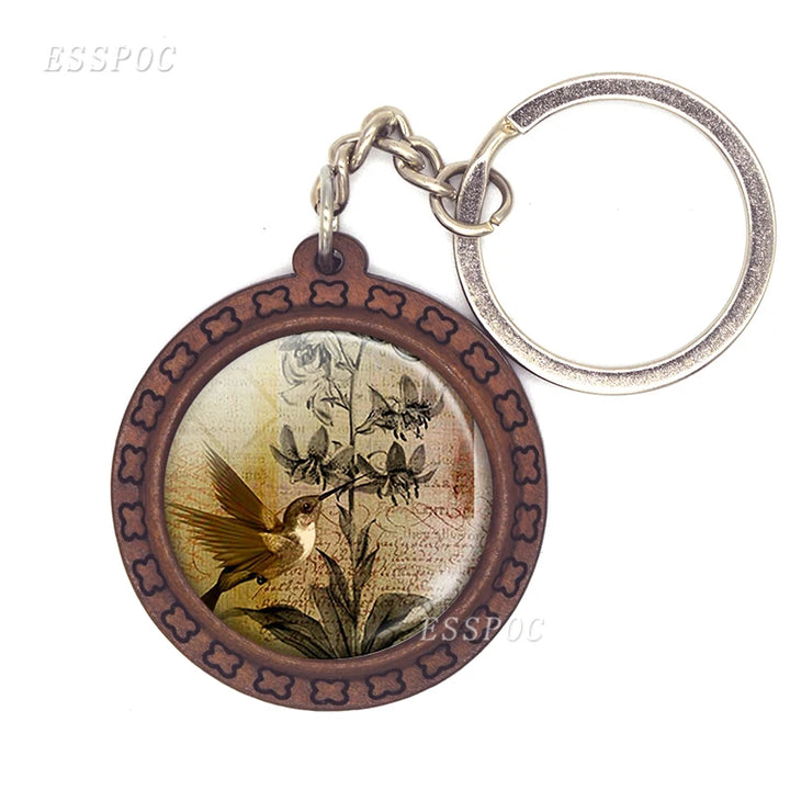 Bird Keychain – Handmade Wooden & Glass Cabochon with Cardinal, Robin & Redbreast Design