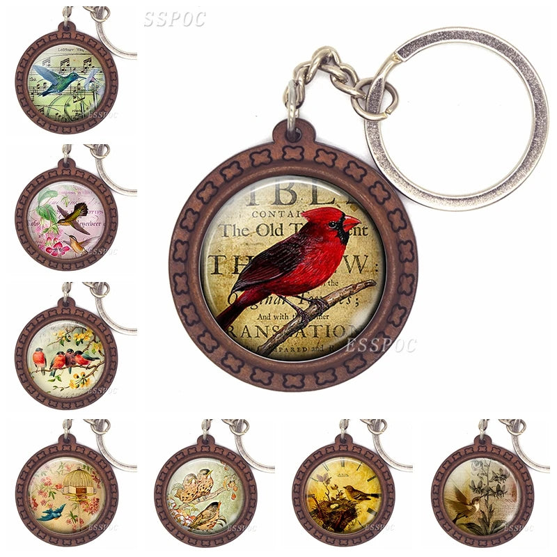 Bird Keychain – Handmade Wooden & Glass Cabochon with Cardinal, Robin & Redbreast Design