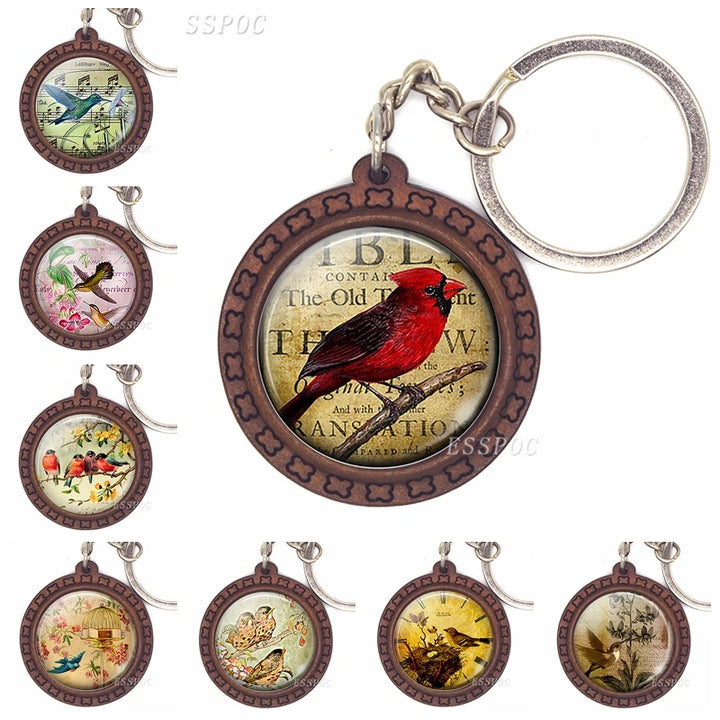 Bird Keychain – Handmade Wooden & Glass Cabochon with Cardinal, Robin & Redbreast Design