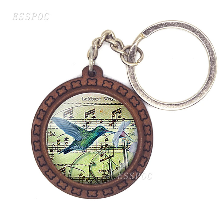 Bird Keychain – Handmade Wooden & Glass Cabochon with Cardinal, Robin & Redbreast Design