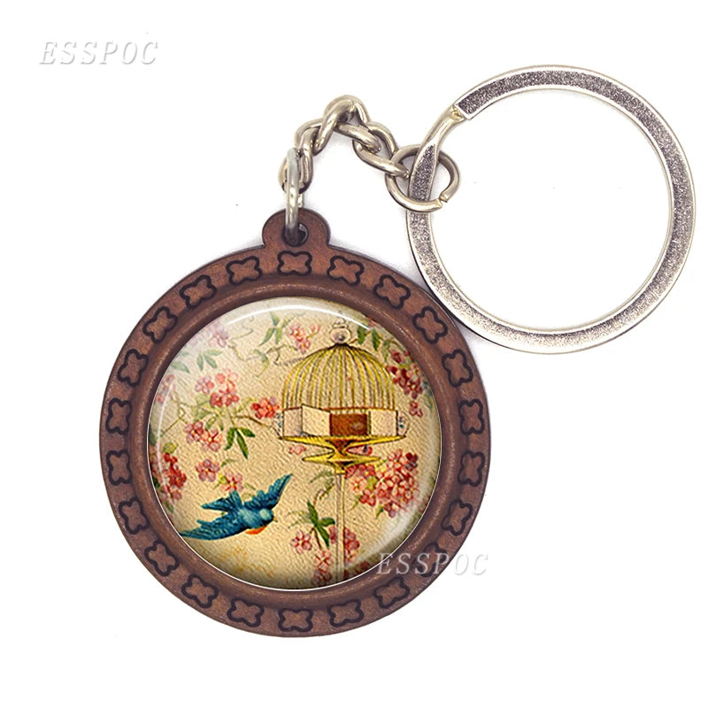 Bird Keychain – Handmade Wooden & Glass Cabochon with Cardinal, Robin & Redbreast Design