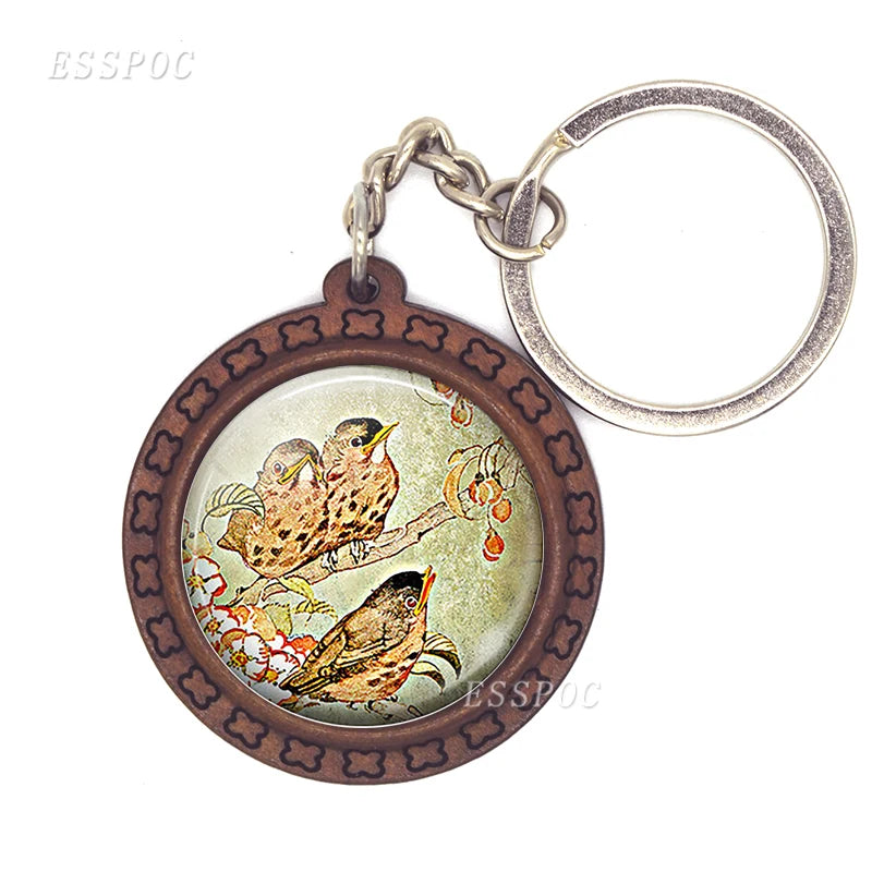Bird Keychain – Handmade Wooden & Glass Cabochon with Cardinal, Robin & Redbreast Design