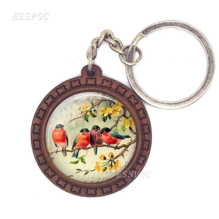 Bird Keychain – Handmade Wooden & Glass Cabochon with Cardinal, Robin & Redbreast Design