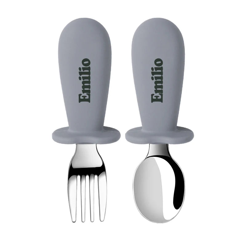 Support DIY names Baby Tableware Set Children Utensil Stainless Steel Toddler Dinnerware Cutlery Infant Food Feeding Spoon Fork