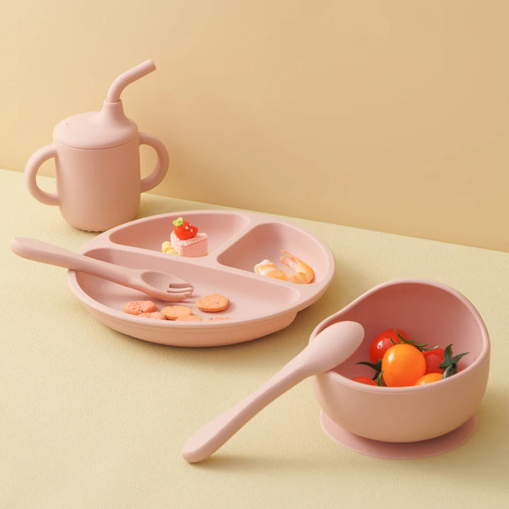 BPA Free Silicone Baby Feeding Set with Sucker Bowl Plate Straw Cup Spoon Fork for Infants And Toddlers Children's Tableware