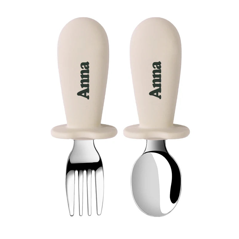 Support DIY names Baby Tableware Set Children Utensil Stainless Steel Toddler Dinnerware Cutlery Infant Food Feeding Spoon Fork