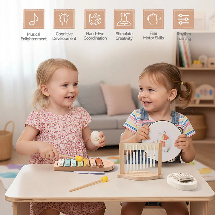 Montessori Baby Music Toys Set Wooden Xylophone Rattle Drum Bell Educational Instrument for 0-12 Months Learning Gift Set