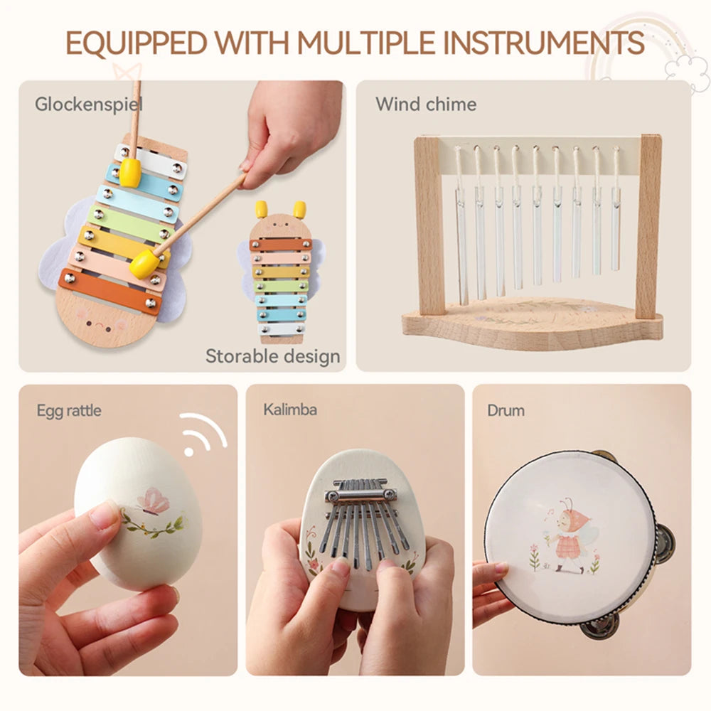 Montessori Baby Music Toys Set Wooden Xylophone Rattle Drum Bell Educational Instrument for 0-12 Months Learning Gift Set