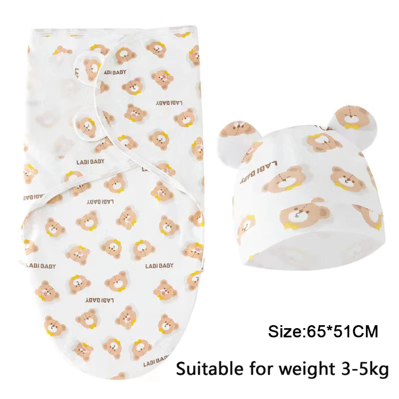 Baby Swaddle & Hat Set – Soft Cartoon Cotton for 0–6 Months