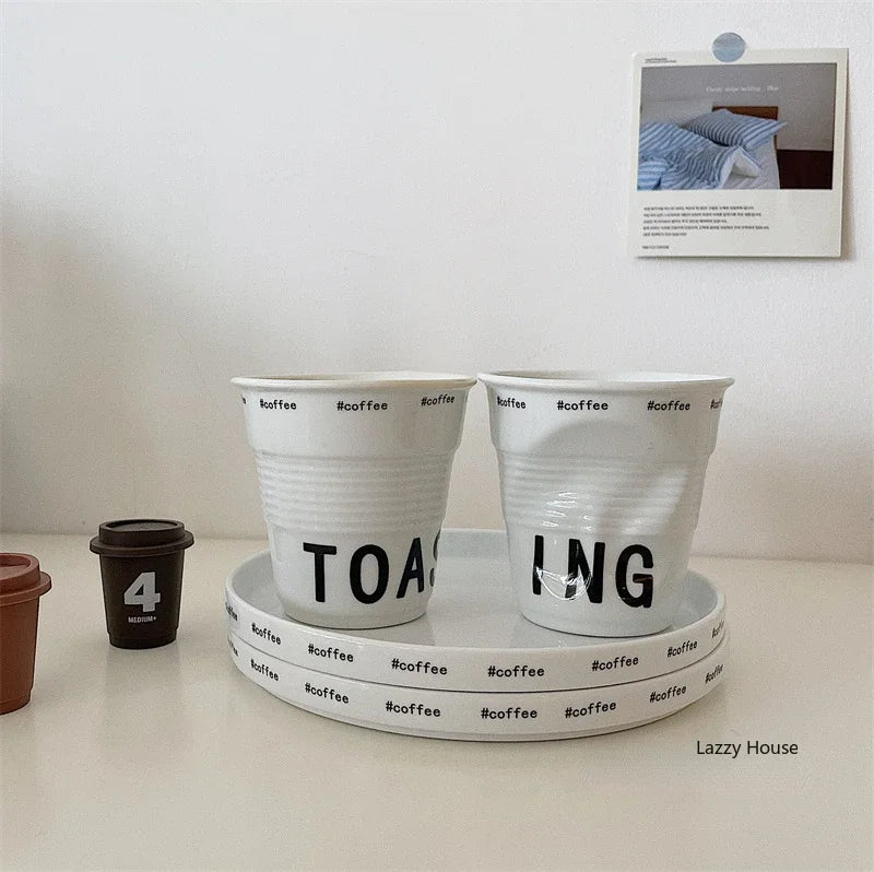 Korean Style White Ceramic Coffee Mug 200ml Nordic Wrinkle Design 6.7oz Drinking Tumbler with English Lettering Universal Drinkware