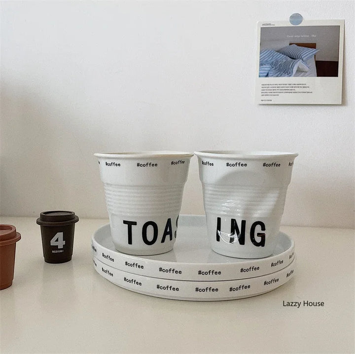 Korean Style White Ceramic Coffee Mug 200ml Nordic Wrinkle Design 6.7oz Drinking Tumbler with English Lettering Universal Drinkware