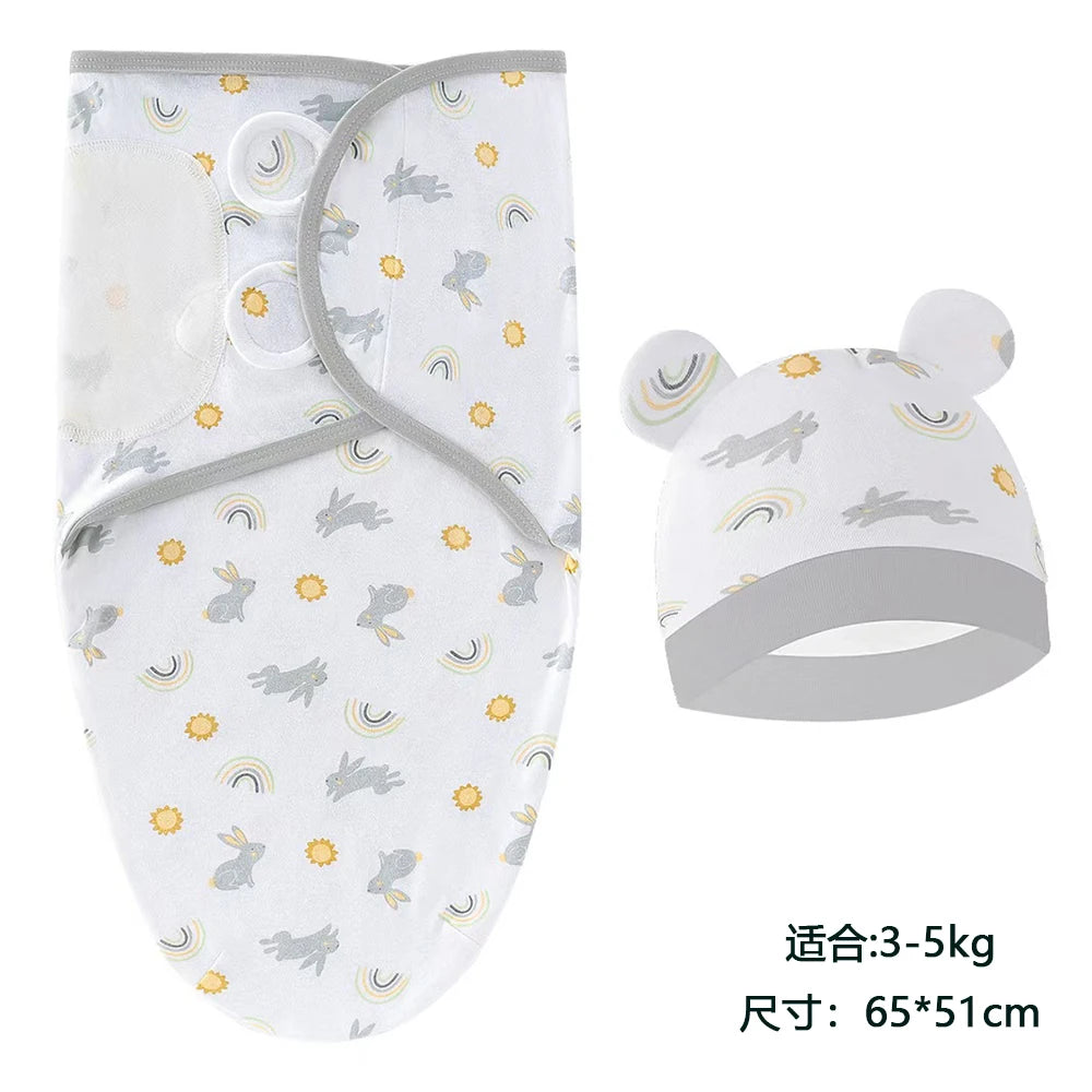 Baby Swaddle & Hat Set – Soft Cartoon Cotton for 0–6 Months