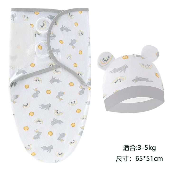 Baby Swaddle & Hat Set – Soft Cartoon Cotton for 0–6 Months