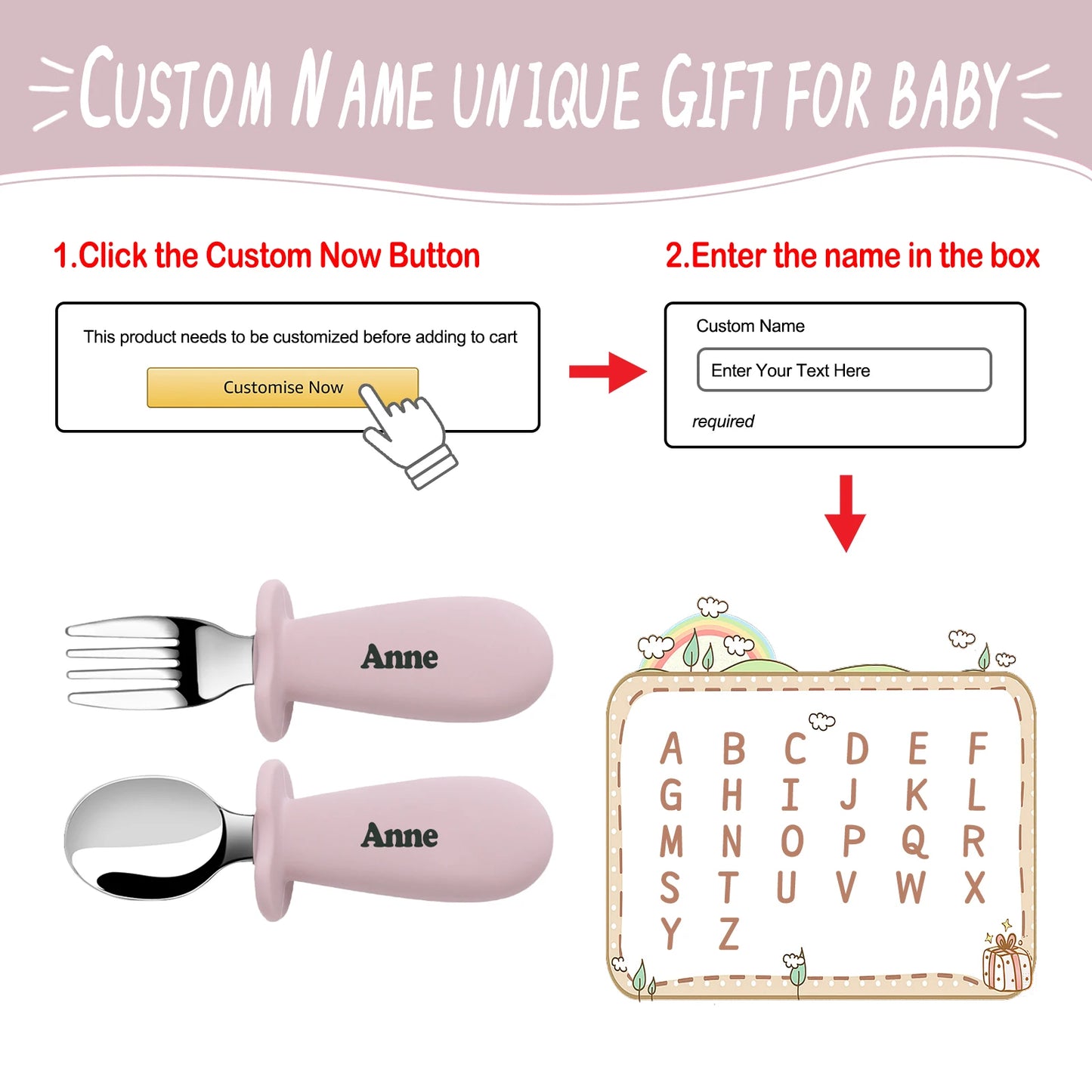 Support DIY names Baby Tableware Set Children Utensil Stainless Steel Toddler Dinnerware Cutlery Infant Food Feeding Spoon Fork