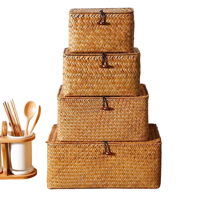 Handmade Seagrass Woven Storage Box with Lid Eco-Friendly Seaweed Finishing Basket for Bath Cosmetic Towel Sundry Storage