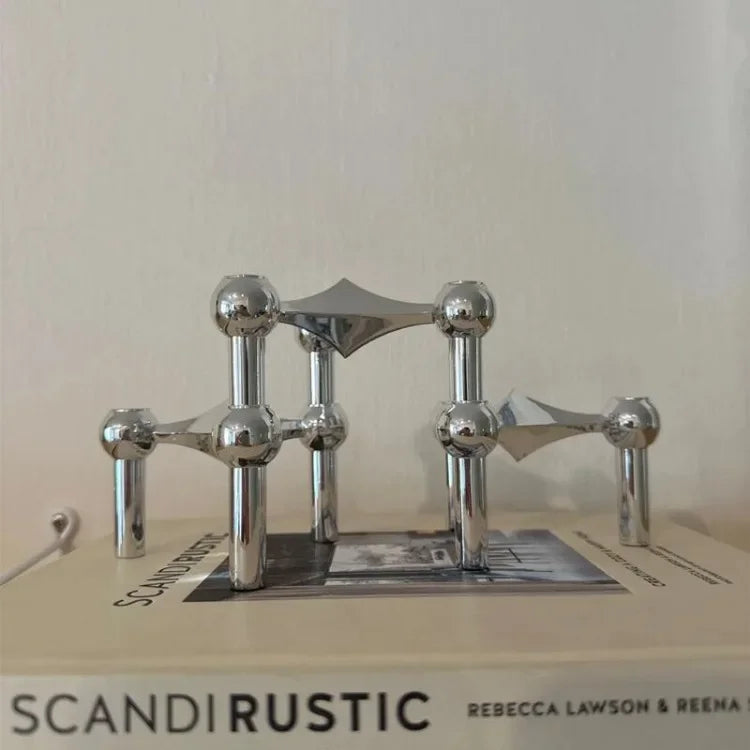 Nordic Silver Metal Molecular Structure Candle Holder Modern Style Stainless Steel Candelabra Living Room Centerpiece Decoration Gift