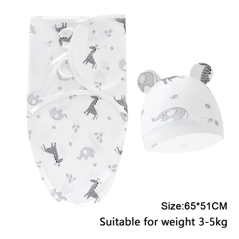 Baby Swaddle & Hat Set – Soft Cartoon Cotton for 0–6 Months