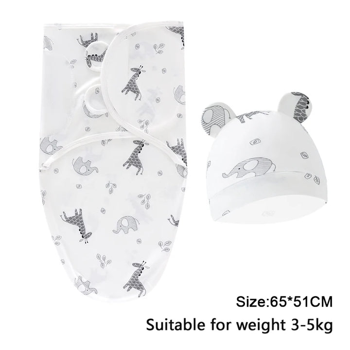 Baby Swaddle & Hat Set – Soft Cartoon Cotton for 0–6 Months