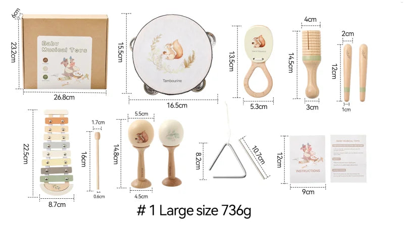 Montessori Baby Music Toys Set Wooden Xylophone Rattle Drum Bell Educational Instrument for 0-12 Months Learning Gift Set