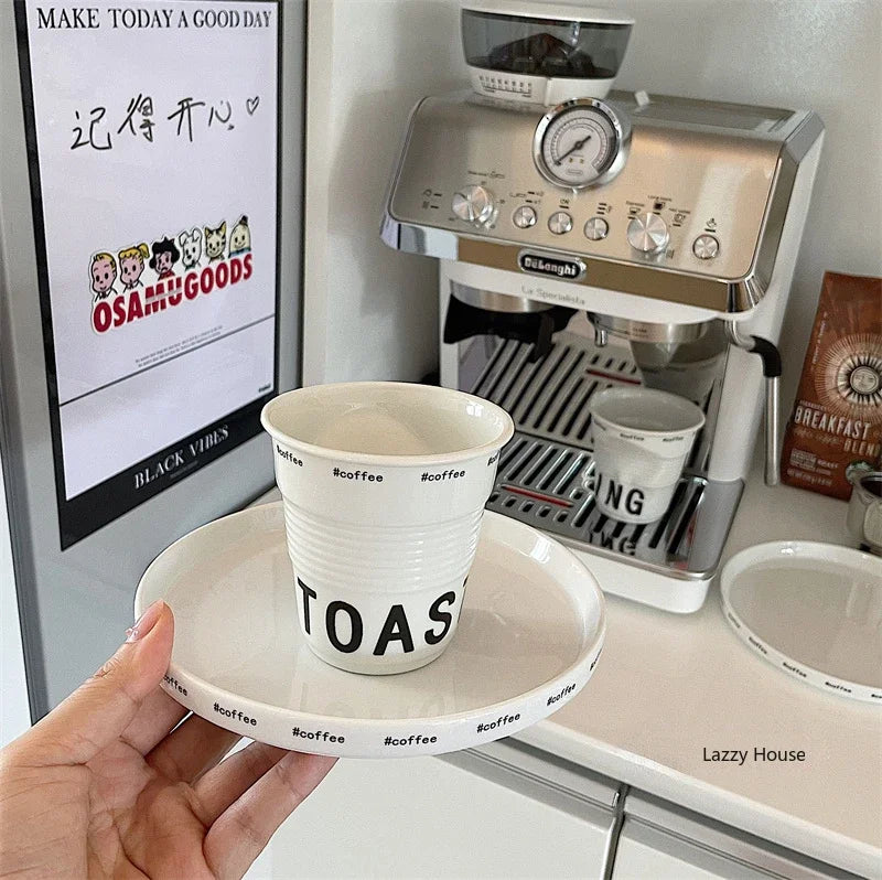 Korean Style White Ceramic Coffee Mug 200ml Nordic Wrinkle Design 6.7oz Drinking Tumbler with English Lettering Universal Drinkware