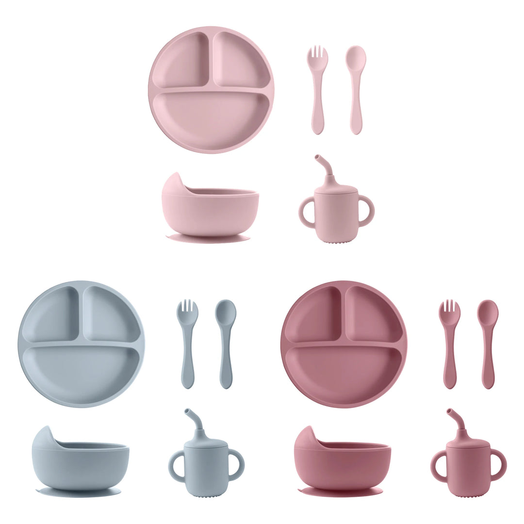 BPA Free Silicone Baby Feeding Set with Sucker Bowl Plate Straw Cup Spoon Fork for Infants And Toddlers Children's Tableware