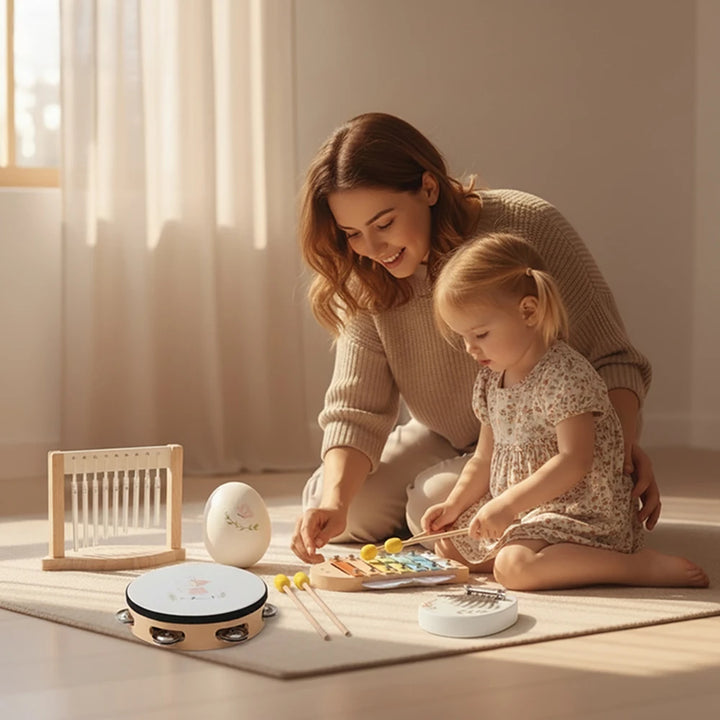 Montessori Baby Music Toys Set Wooden Xylophone Rattle Drum Bell Educational Instrument for 0-12 Months Learning Gift Set