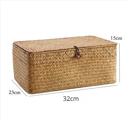 Handmade Seagrass Woven Storage Box with Lid Eco-Friendly Seaweed Finishing Basket for Bath Cosmetic Towel Sundry Storage