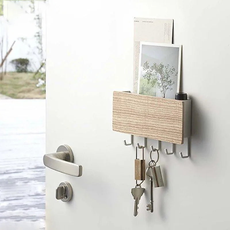Rustic Wood Wall Key Holder with 5 Hooks Farmhouse Style Floating Shelf Home Decor Organizing Storage Solution