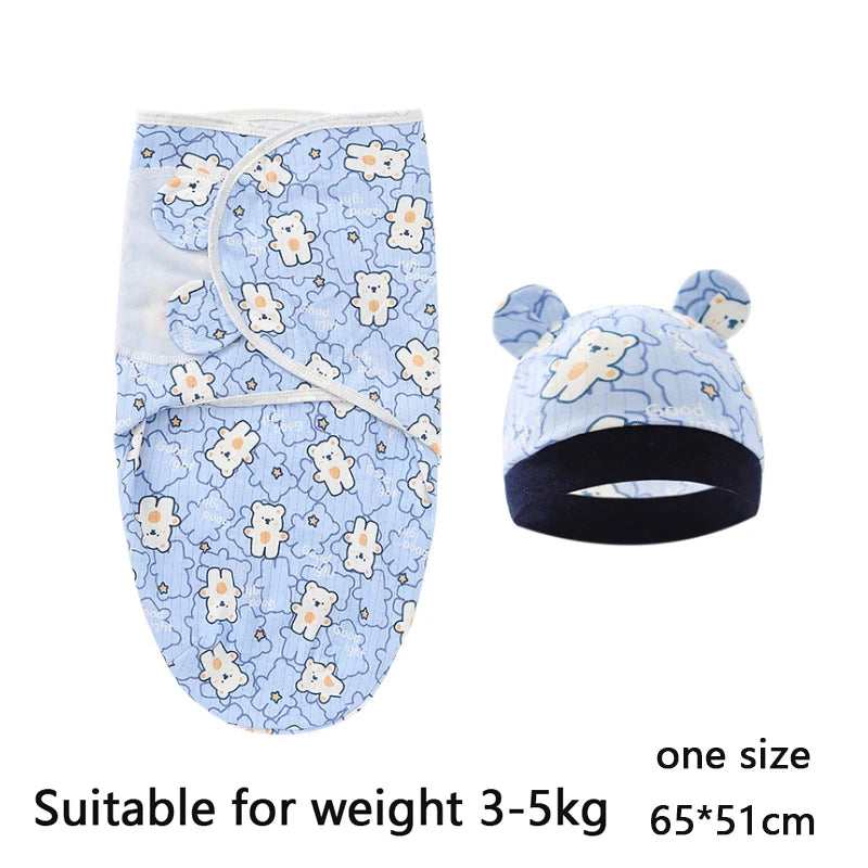 Baby Swaddle & Hat Set – Soft Cartoon Cotton for 0–6 Months