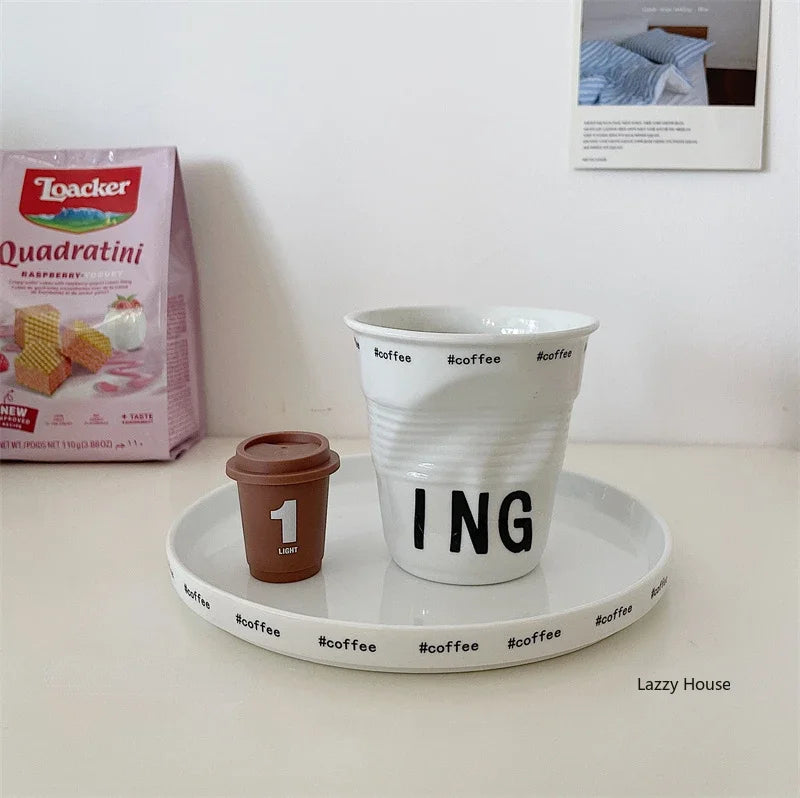 Korean Style White Ceramic Coffee Mug 200ml Nordic Wrinkle Design 6.7oz Drinking Tumbler with English Lettering Universal Drinkware