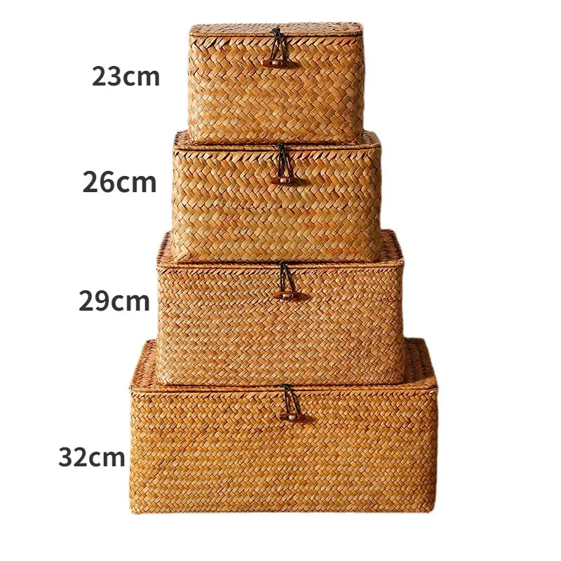 Handmade Seagrass Woven Storage Box with Lid Eco-Friendly Seaweed Finishing Basket for Bath Cosmetic Towel Sundry Storage