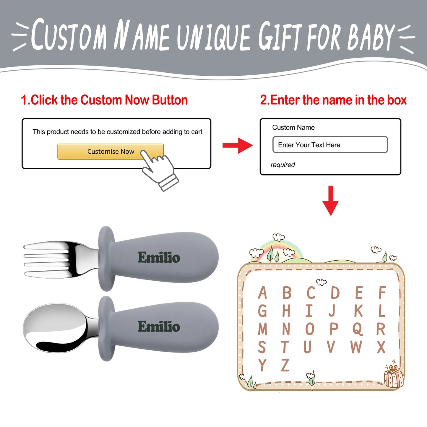 Support DIY names Baby Tableware Set Children Utensil Stainless Steel Toddler Dinnerware Cutlery Infant Food Feeding Spoon Fork