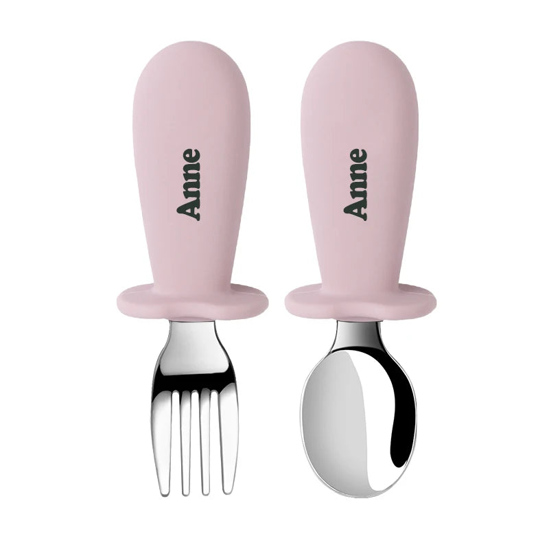 Support DIY names Baby Tableware Set Children Utensil Stainless Steel Toddler Dinnerware Cutlery Infant Food Feeding Spoon Fork