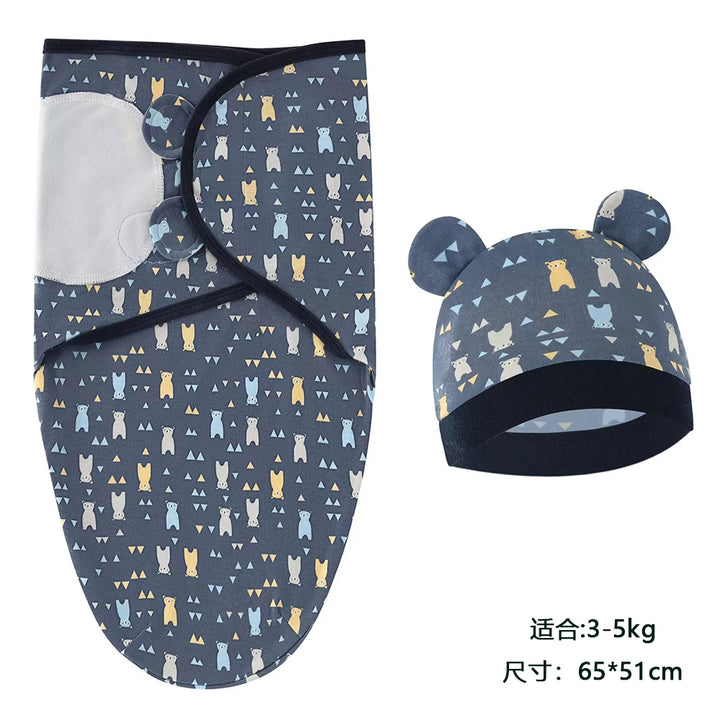 Baby Swaddle & Hat Set – Soft Cartoon Cotton for 0–6 Months