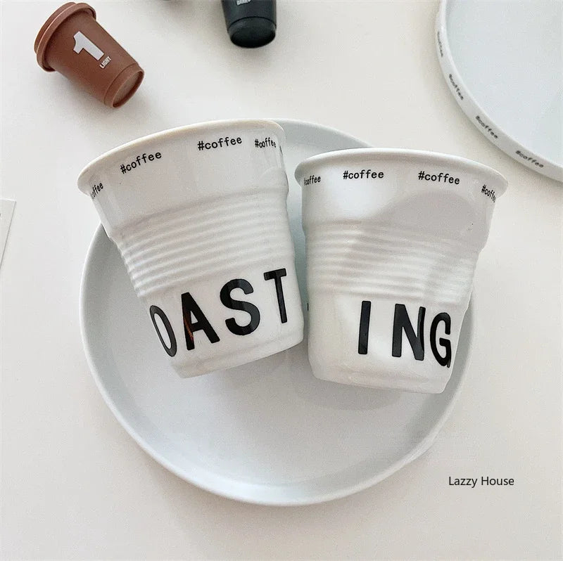 Korean Style White Ceramic Coffee Mug 200ml Nordic Wrinkle Design 6.7oz Drinking Tumbler with English Lettering Universal Drinkware