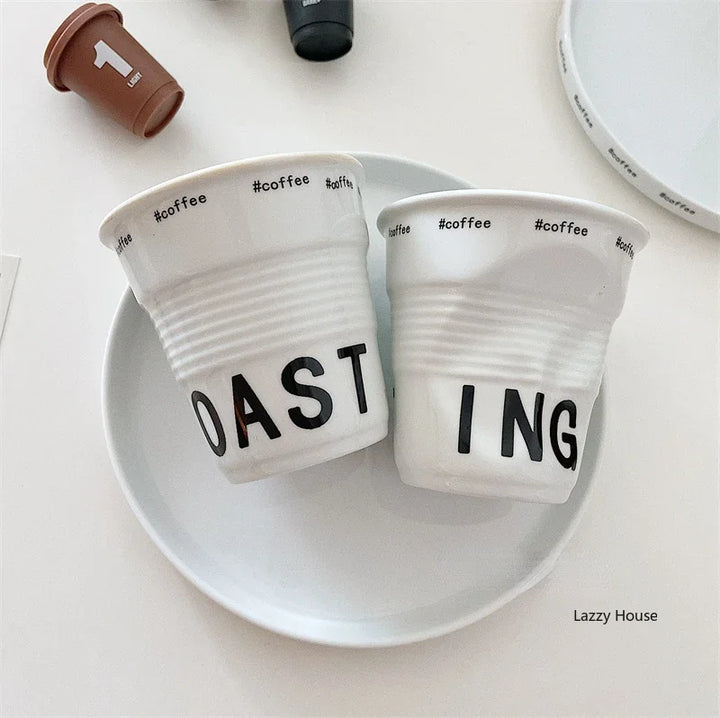 Korean Style White Ceramic Coffee Mug 200ml Nordic Wrinkle Design 6.7oz Drinking Tumbler with English Lettering Universal Drinkware