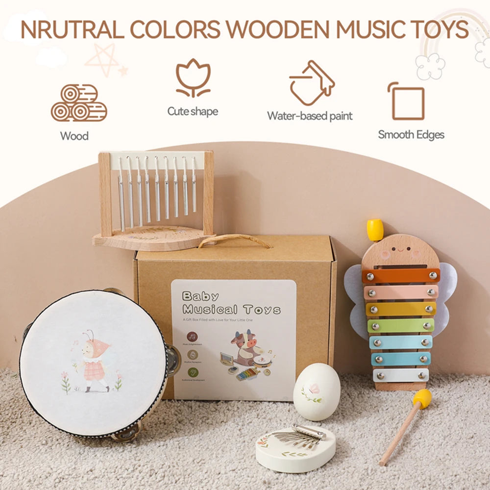 Montessori Baby Music Toys Set Wooden Xylophone Rattle Drum Bell Educational Instrument for 0-12 Months Learning Gift Set