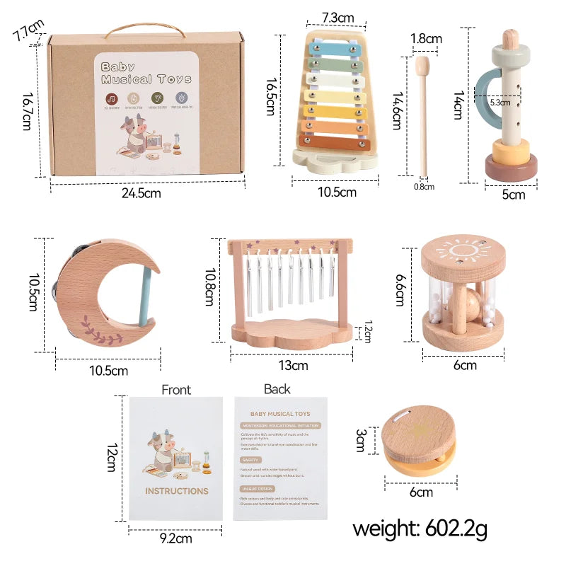 Montessori Baby Music Toys Set Wooden Xylophone Rattle Drum Bell Educational Instrument for 0-12 Months Learning Gift Set