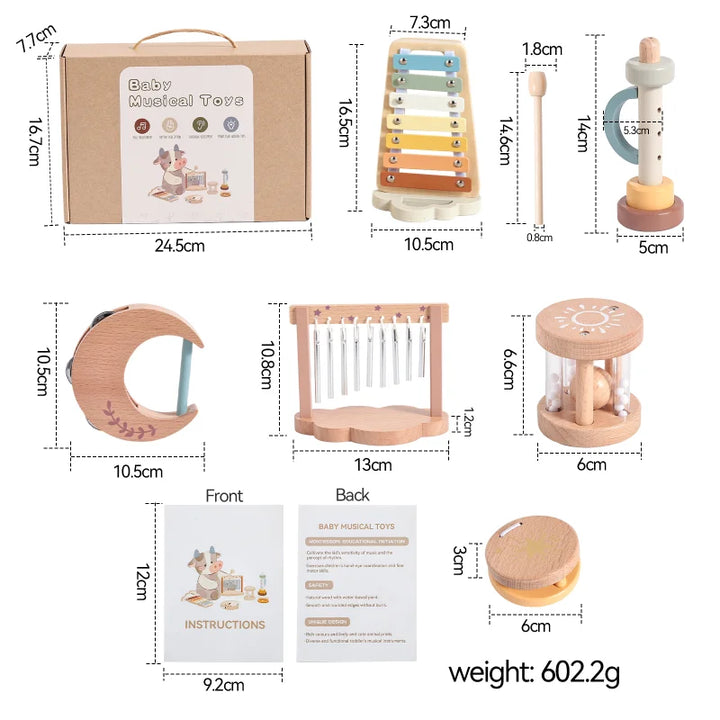 Montessori Baby Music Toys Set Wooden Xylophone Rattle Drum Bell Educational Instrument for 0-12 Months Learning Gift Set