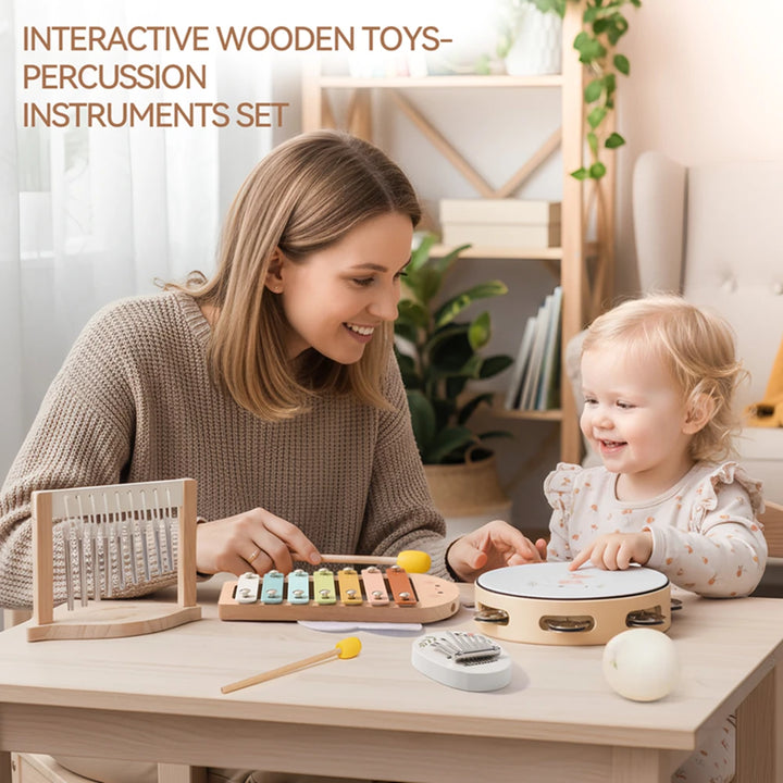 Montessori Baby Music Toys Set Wooden Xylophone Rattle Drum Bell Educational Instrument for 0-12 Months Learning Gift Set