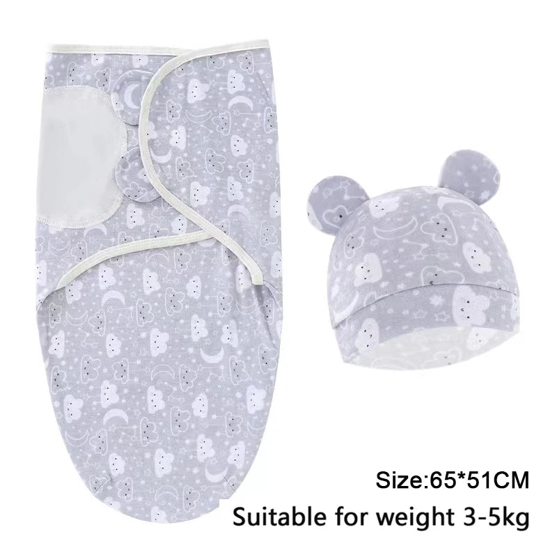 Baby Swaddle & Hat Set – Soft Cartoon Cotton for 0–6 Months