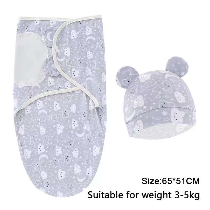 Baby Swaddle & Hat Set – Soft Cartoon Cotton for 0–6 Months