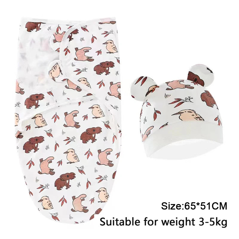 Baby Swaddle & Hat Set – Soft Cartoon Cotton for 0–6 Months