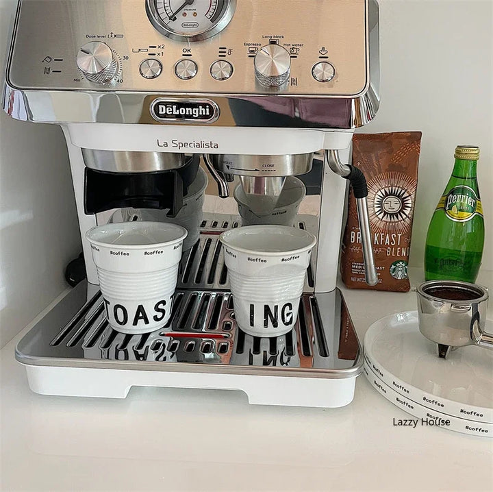 Korean Style White Ceramic Coffee Mug 200ml Nordic Wrinkle Design 6.7oz Drinking Tumbler with English Lettering Universal Drinkware