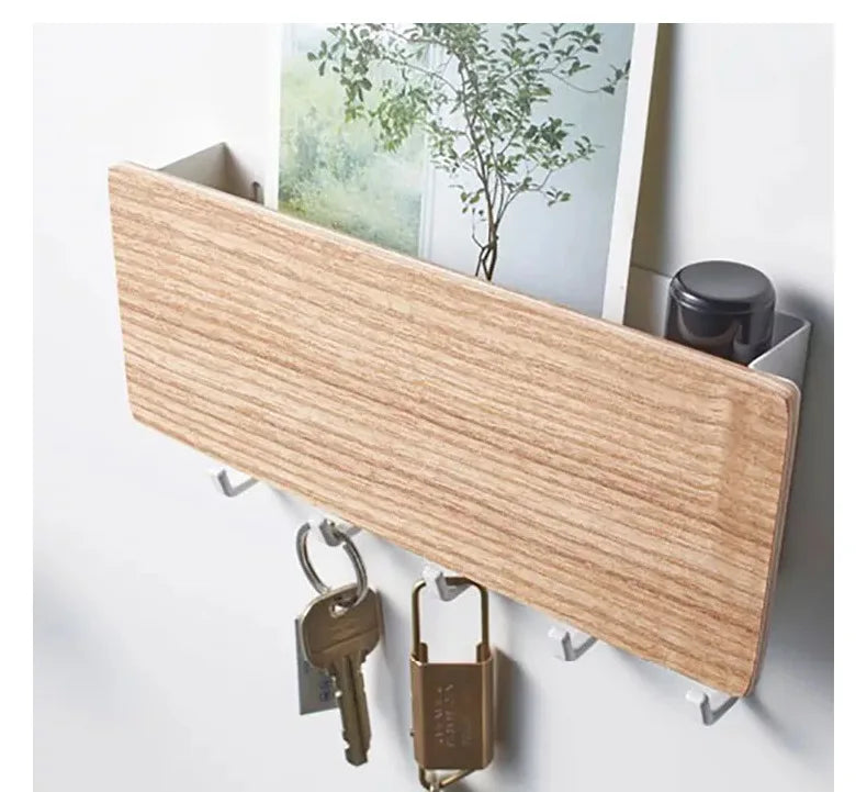 Rustic Wood Wall Key Holder with 5 Hooks Farmhouse Style Floating Shelf Home Decor Organizing Storage Solution